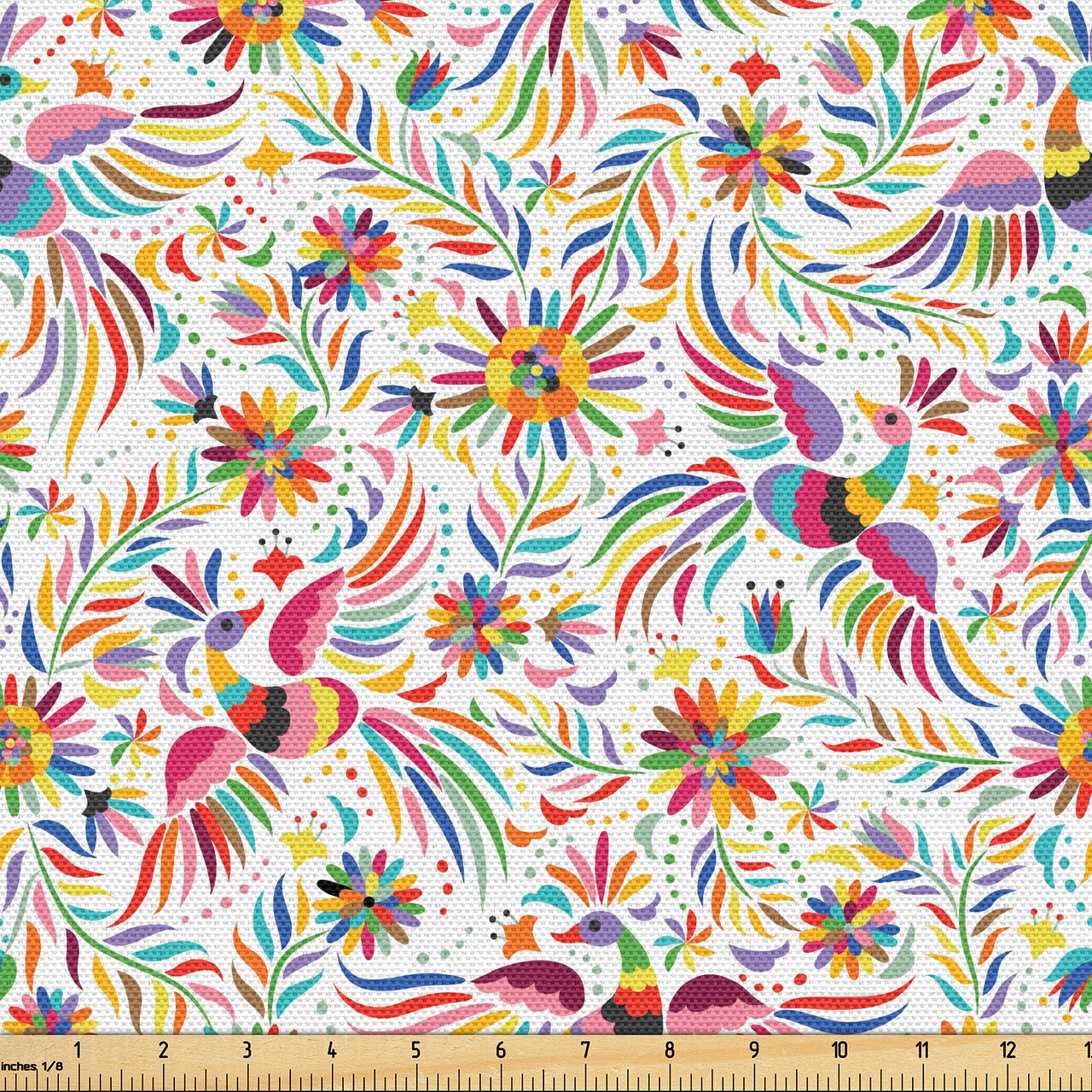 Ambesonne Mexican Fabric by the Yard, Colorful Nature Inspired Pattern Birds Flowers Leaves and Dots Creativity, Decorative Fabric for Upholstery and Home Accents, 1 Yard, Red Cream